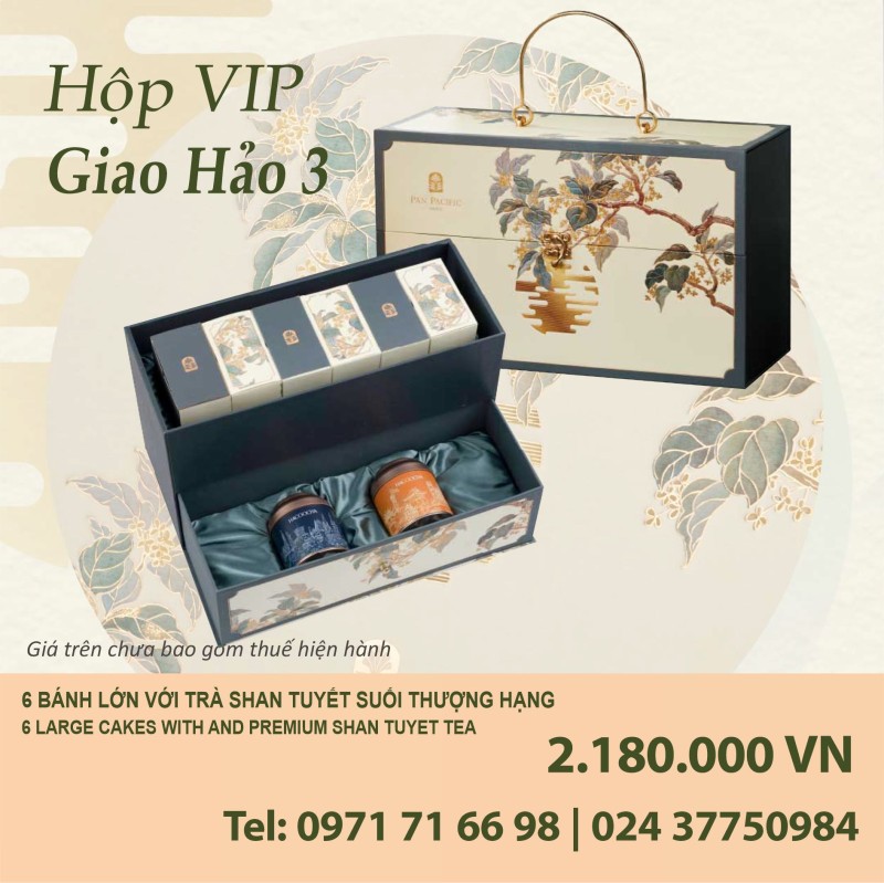 Bánh trung thu Pacific Hộp VIP Giao Hảo 3, 6 Bánh Lớn với Trà San Tuyết Thượng Hạng Hacoocha